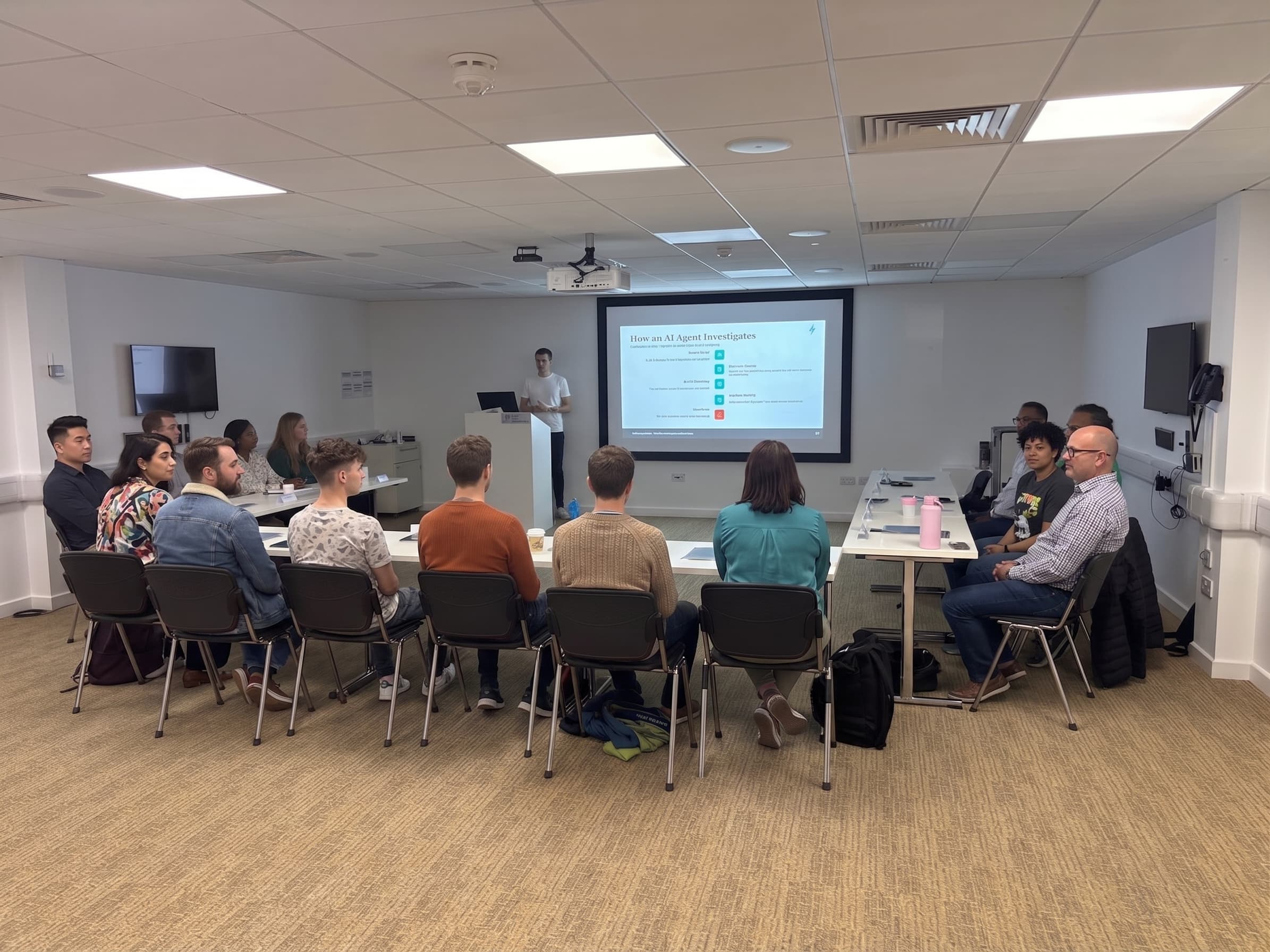 A GenSpark AI course in delivery: presenter at the screen, cohort around the room