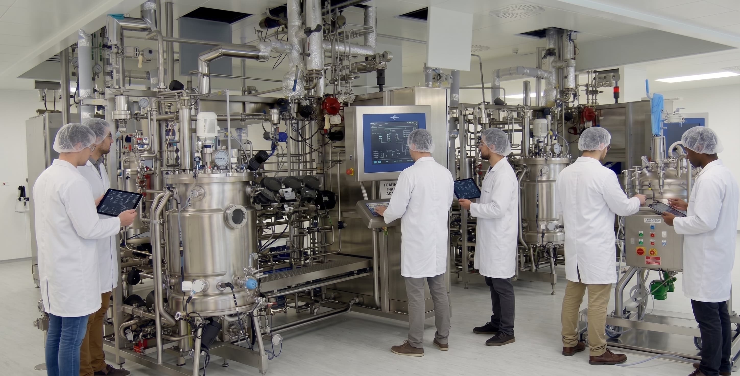 Course participants working on iPads beside bioprocessing equipment