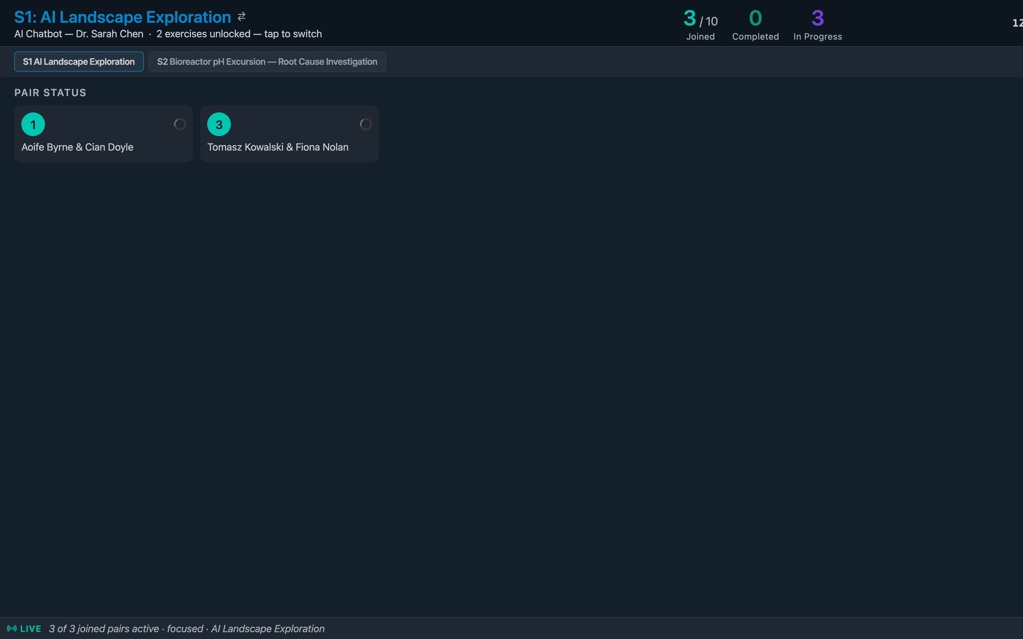 The room projection view: live pair status during an exercise