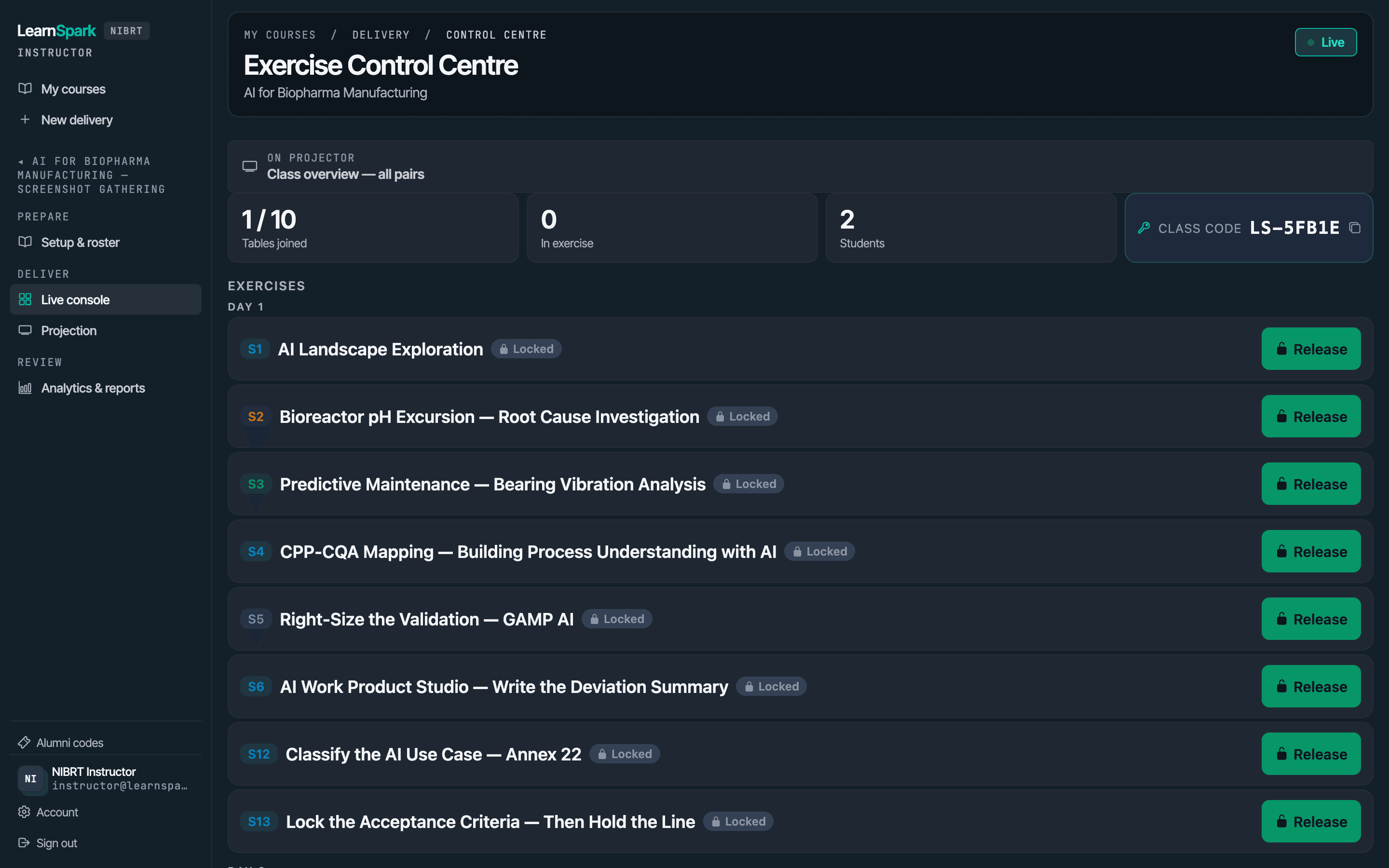 The instructor's Exercise Control Centre: the day's exercises with release controls and a live class code