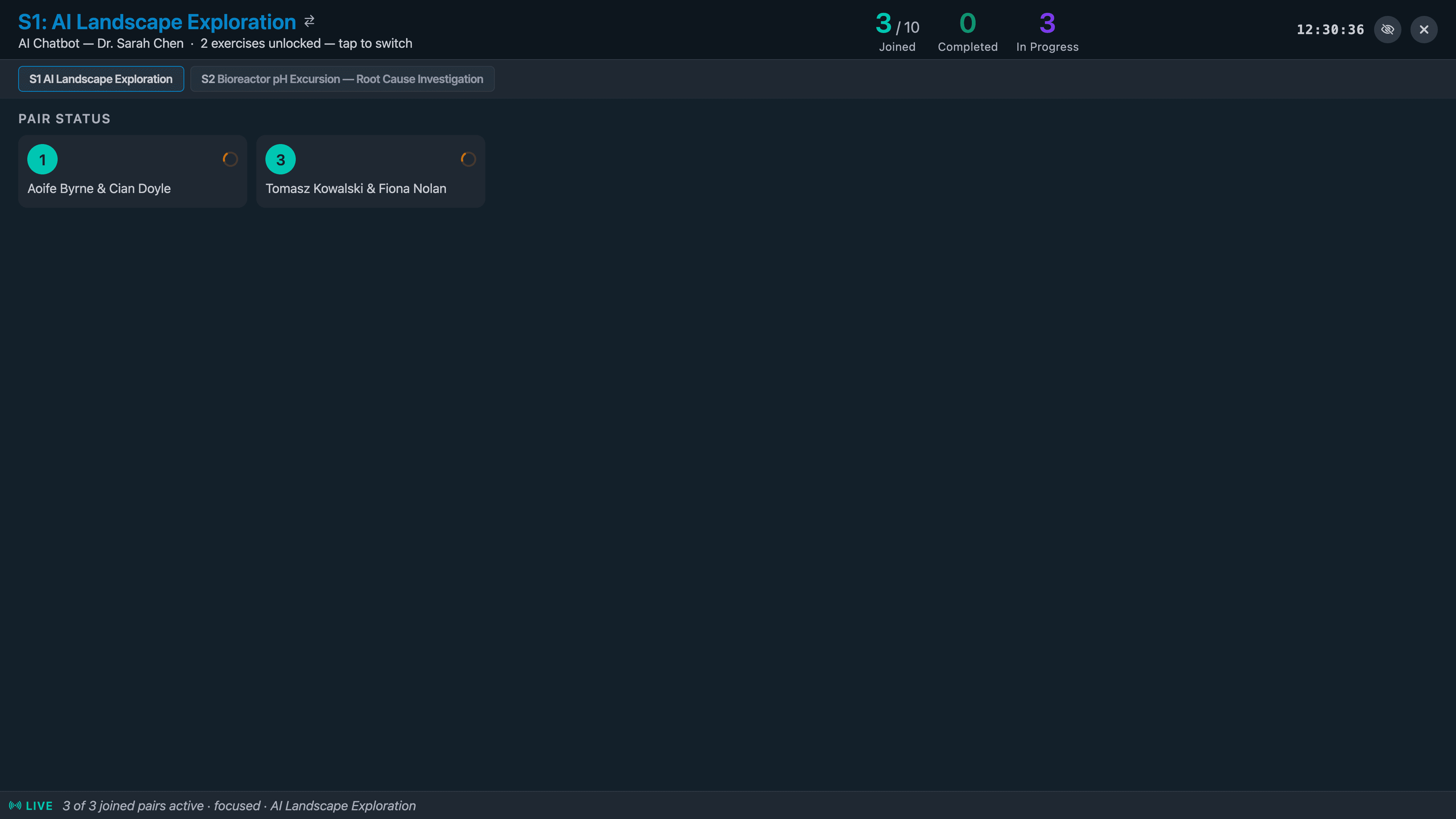 The room projection view: live pair status during an exercise